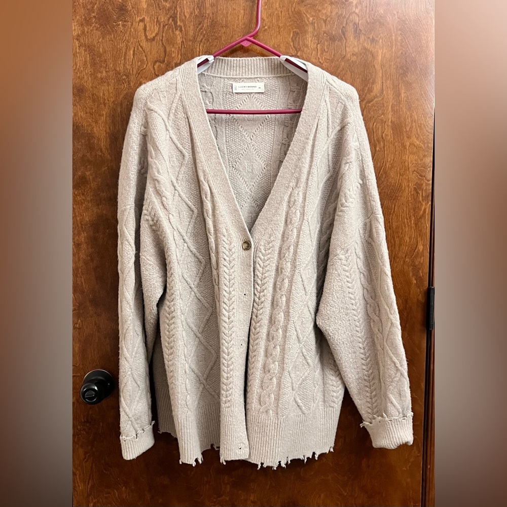 Lucky brand women’s distressed cardigan sweater.